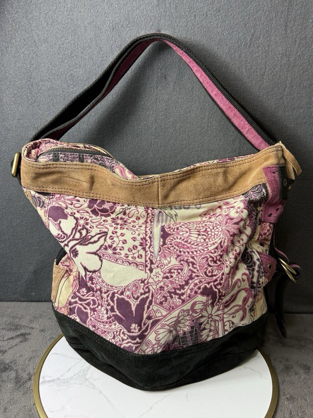 Lucky Brand XL Floral Crossbody Tote Bag Suede Leather Canvas Flower Purse Vtg